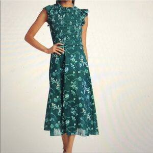 Sea New York Monet Floral Smocked Midi Dress Green